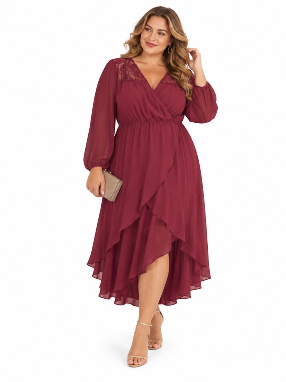 Worthington 1X Burgundy Faux Wrap Midi Dress Lace Long Sleeve NWT